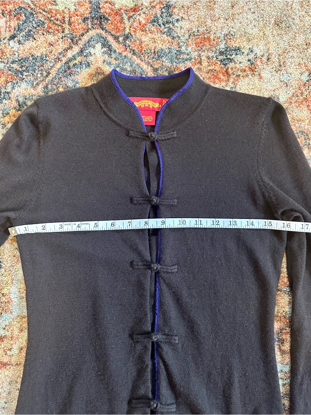 Shanghai Tang Brown Knit Mandarin Collar Cardigan with Purple Trim 100% Wool - Picture 7 of 8
